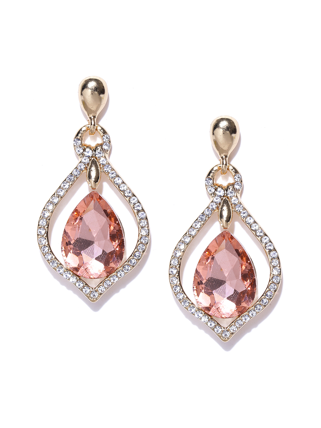 YouBella Off-White  Pink Gold-Plated Teardrop Shaped Drop Earrings